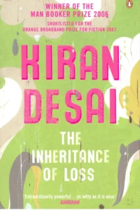 A book cover for "The Inheritance of Loss" by Kiran Desai. The cover features a green background with a white outline of a mountain and a quote from The Guardian praising the book. The author's name and the book title are prominently displayed in large, bold letters.