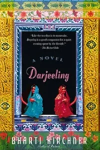 A book cover for "Darjeeling" by Bharti Kirchner. The cover features a colorful frame with two women standing in front of a window. The background is a vibrant yellow, and the title "Darjeeling" is written in a bold font.