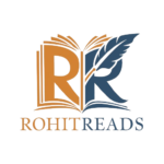 A logo for Rohit Reads featuring the letters "RR" intertwined within an open book, with a quill pen positioned above the "R." The logo is in shades of blue and orange, with the text "ROHITREADS" written below.