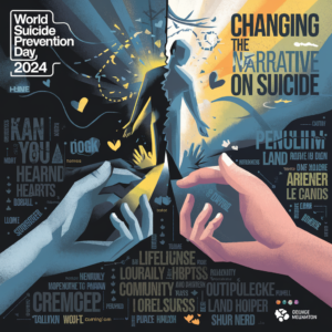 A graphic depicting two people holding hands, with various words and phrases related to suicide prevention and mental health, such as "World Suicide Prevention Day," "Changing the Narrative," "Can You Hear Our Hearts," and "Lifeline."