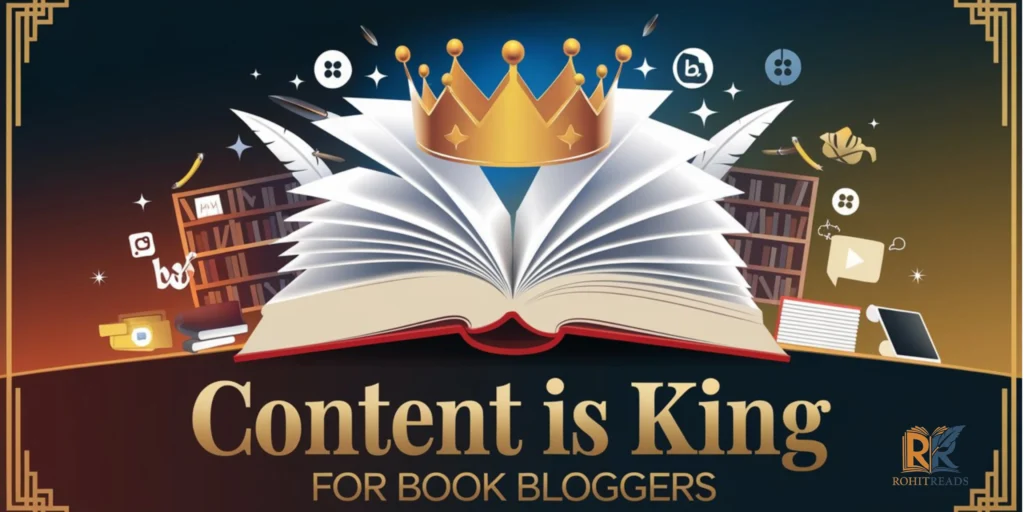 Book blogger image with a crown and open book, emphasizing the importance of content.